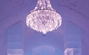 Icehotel entrance with chandelier using fiber optics for light, Jukkasjärvi, Sweden